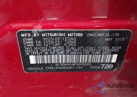 2023 Mitsubishi Mirage Le z USA, uszkodzony, nr VIN ML32AUHJXPH006283